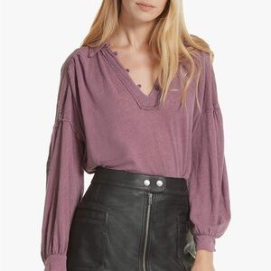 Free People Women Top Medium Rush Hour Linen Button‎ Henley Peasant Frayed Hem